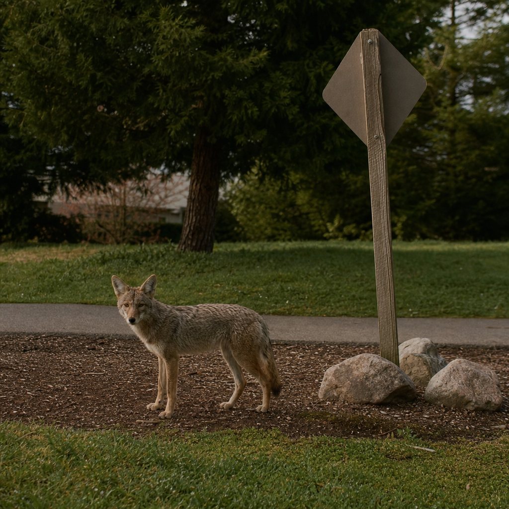 A young coyote hangs out near a 'coyote alert' sign in a neighborhood park
