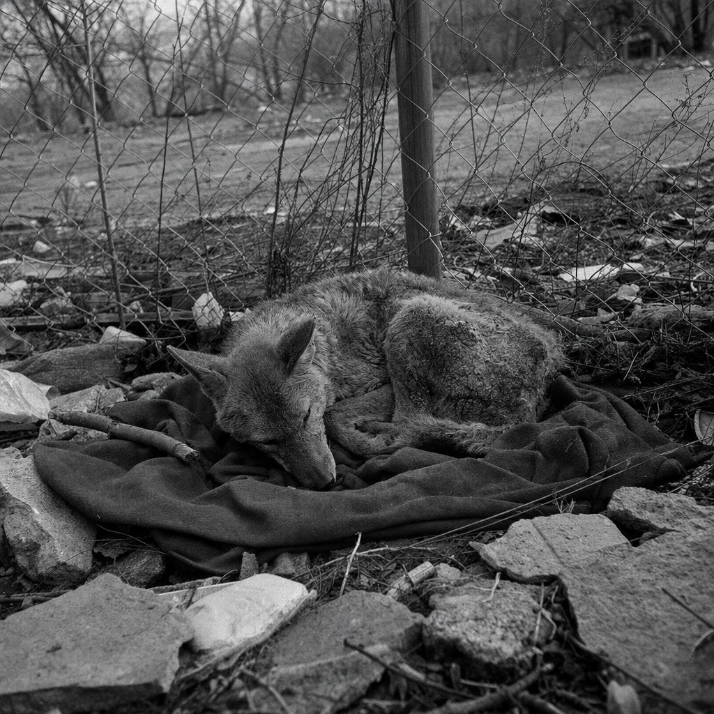 An urban coyote with mange navigates through a parking lot