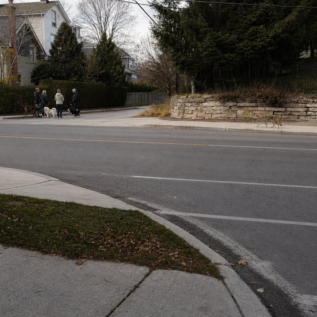 A group of dog owners stand on a corner, chatting about the neighborhood coyote who strolls down the sidewalk nearby