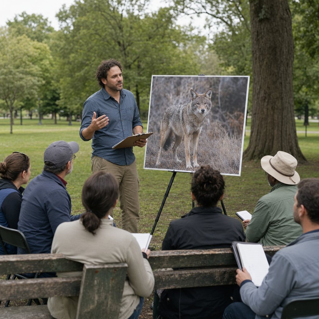 Dr. Stan Gehrt of the Cook County Coyote Project discusses Chicago's urban coyotes to a group of urban ecologists