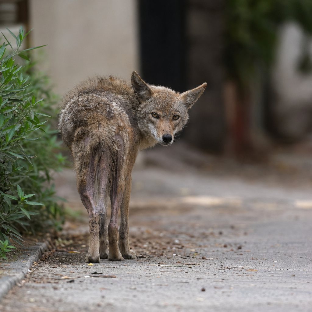 This urban coyote shows signs of mange, including a nearly hairless tail