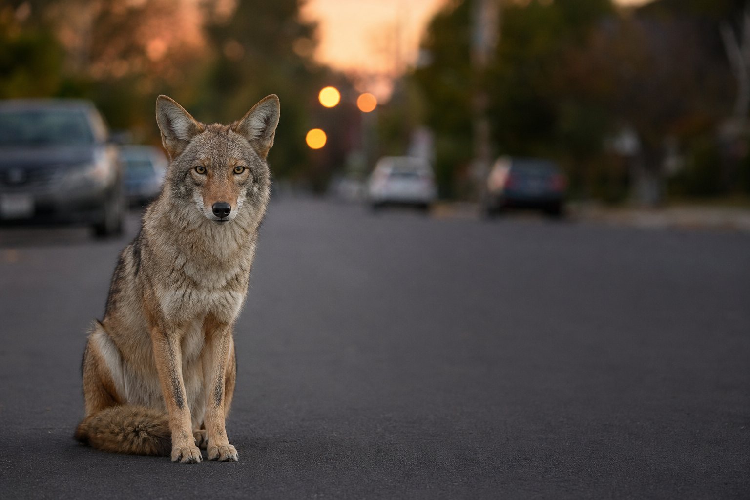 A coyote sits alertly on a dark asphalt road at dusk, facing forward with blurred cars and warm glowing lights in the background.