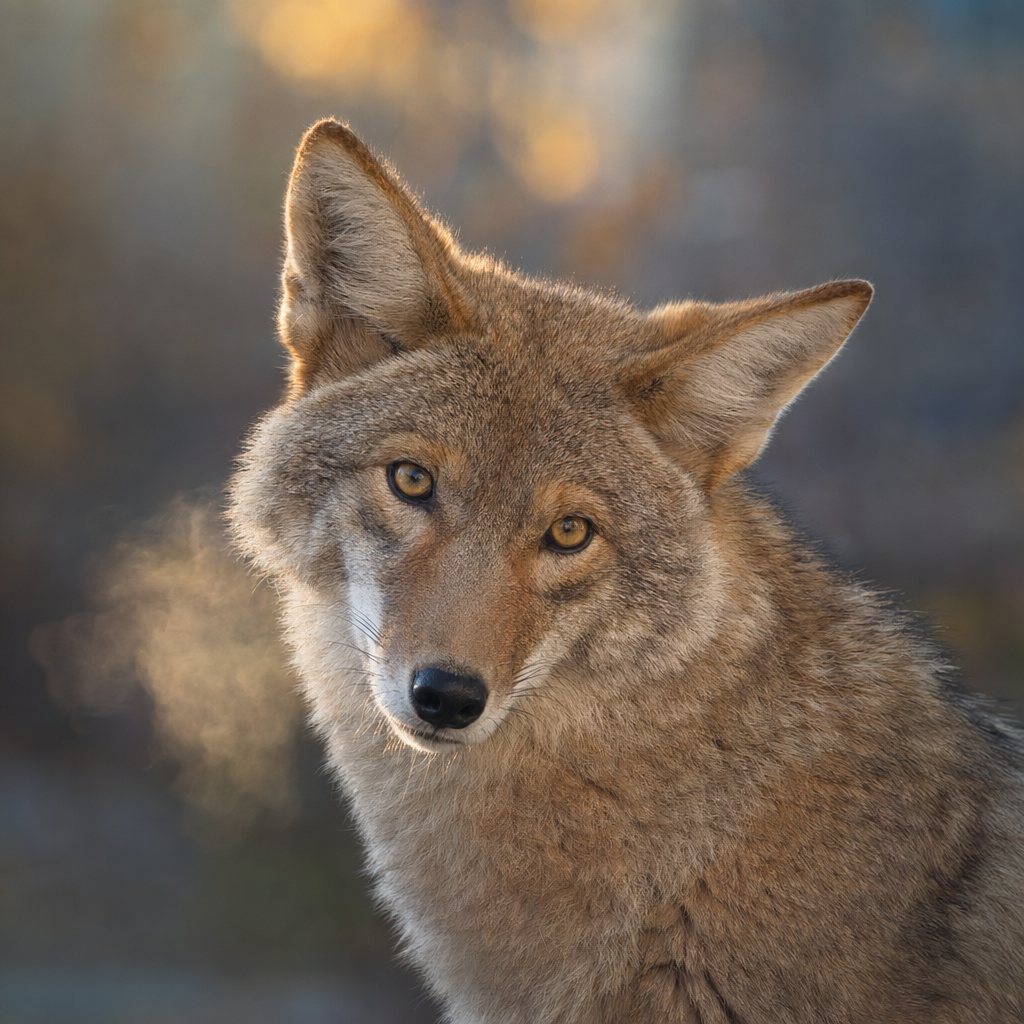 Close-up portrait of a coyote facing forward with visible breath against soft, blurred background.