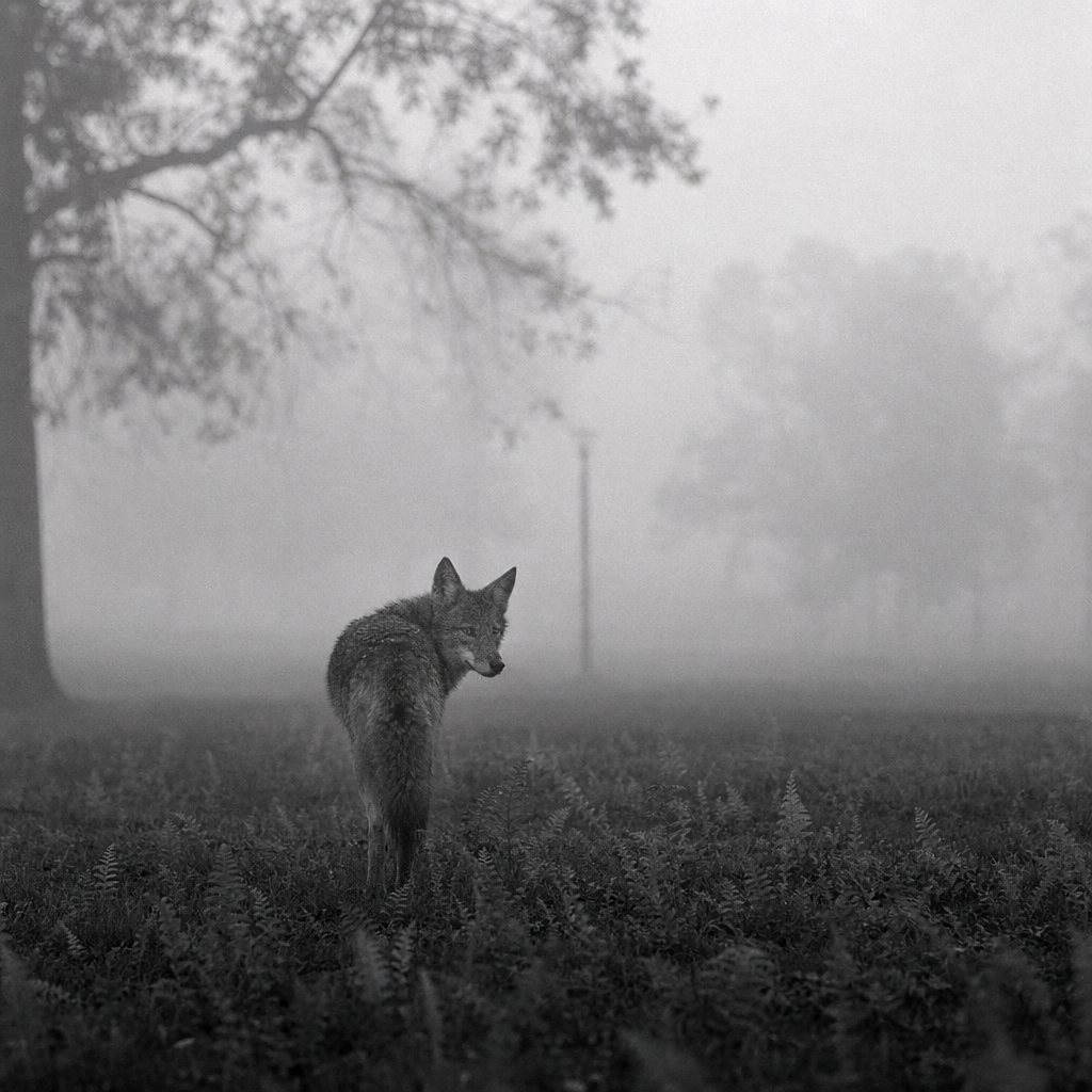 Black and white photo of a coyote standing in ferns with foggy trees and a utility pole in the background.