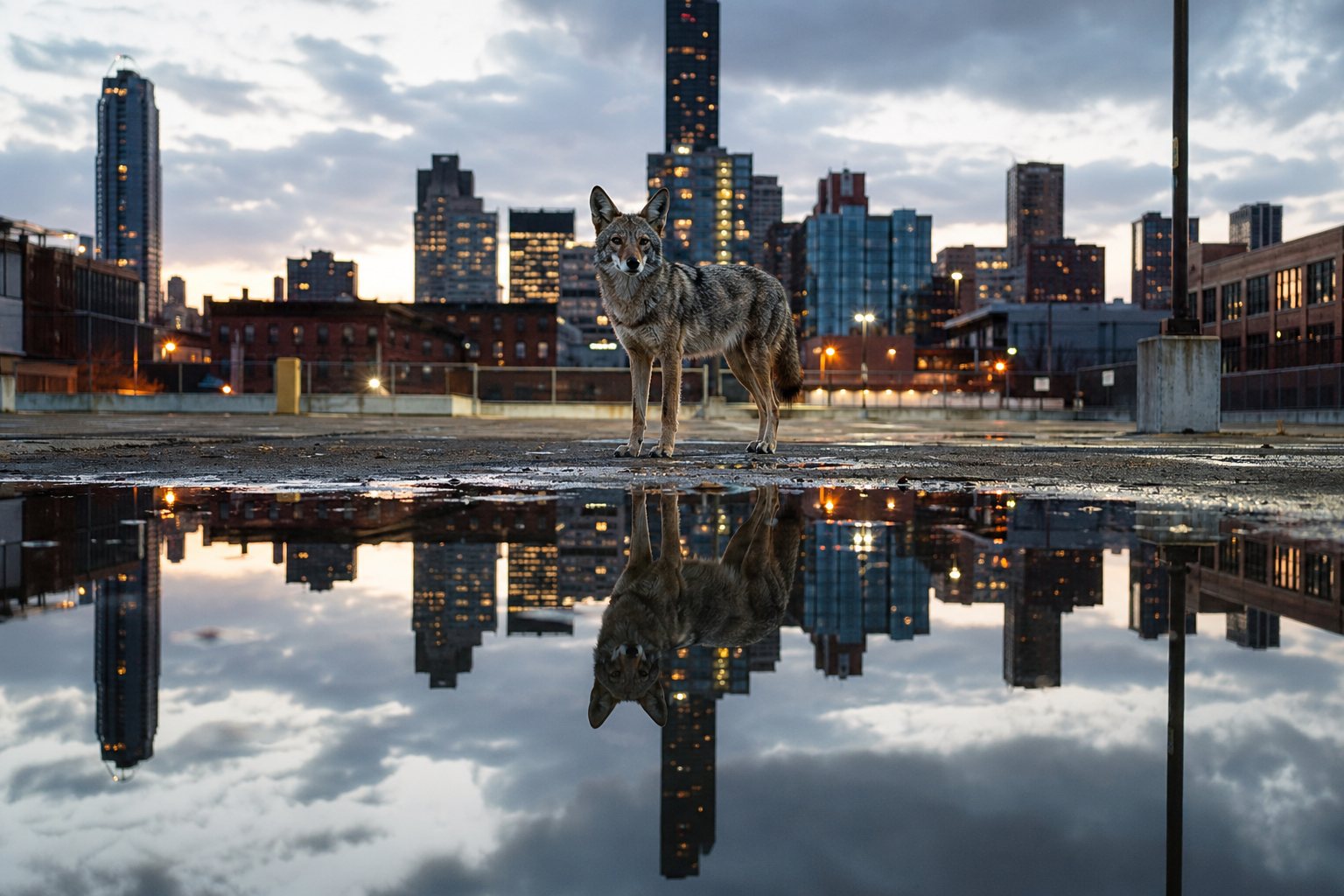A coyote stands on wet pavement facing forward, reflected in a large puddle at its feet against a city skyline.
