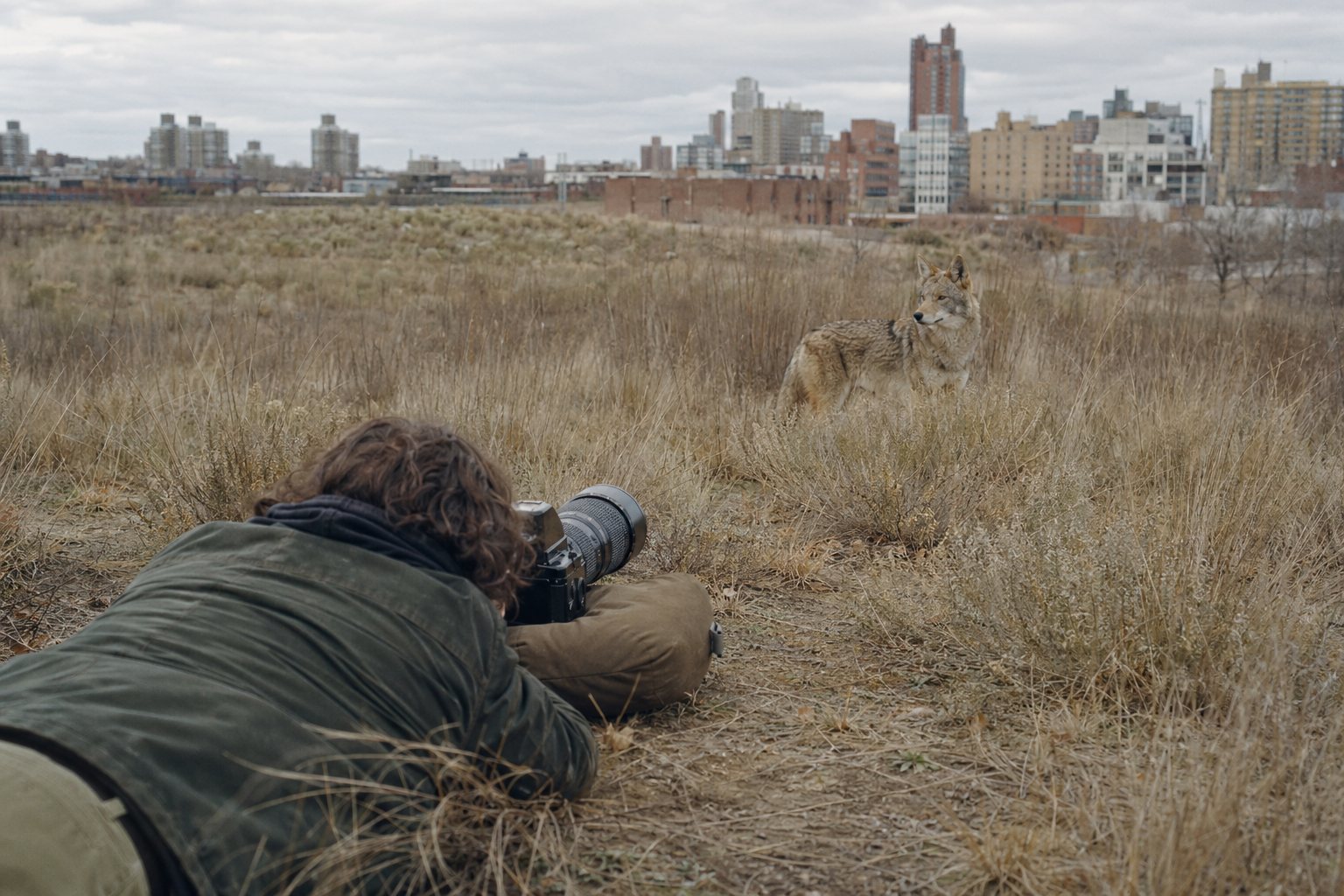 A photographer lies prone in dry grass aiming a telephoto lens at a coyote standing nearby, with an urban skyline visible in the background.