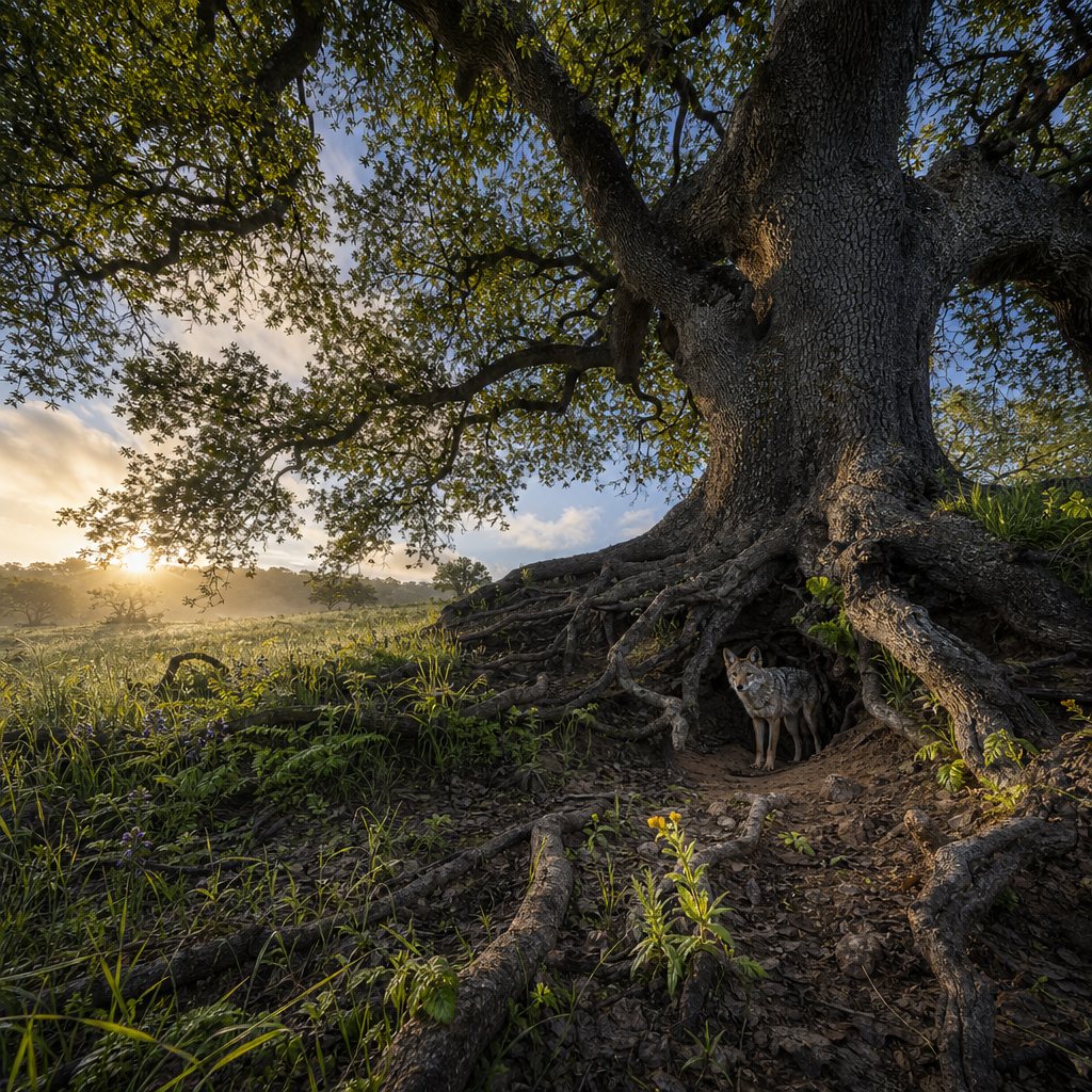 A coyote stands beneath the exposed roots of a massive tree at sunrise in a grassy field with blue flowers.
