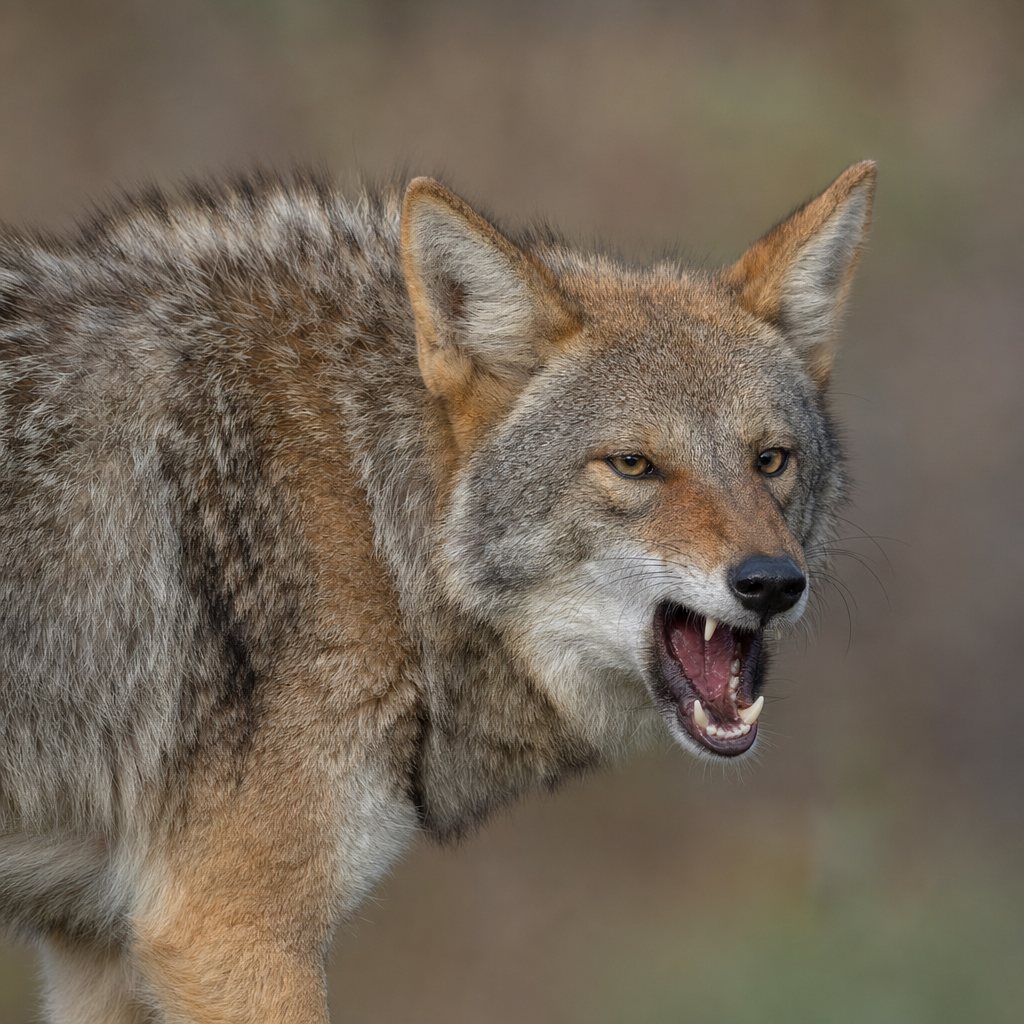 Profile close-up of a snarling coyote with visible teeth against a blurred natural background.