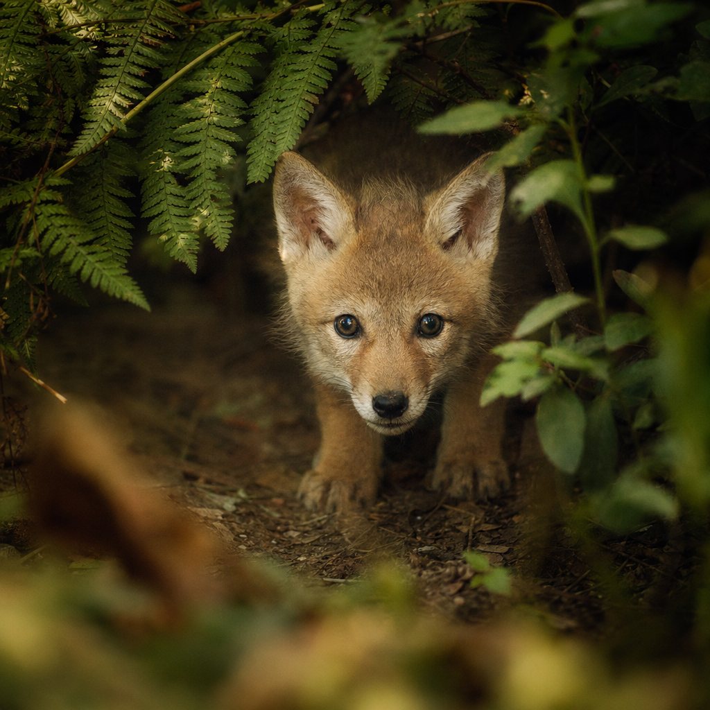 A small tan and brown canine pup stands amidst green ferns, looking directly forward with dark eyes.