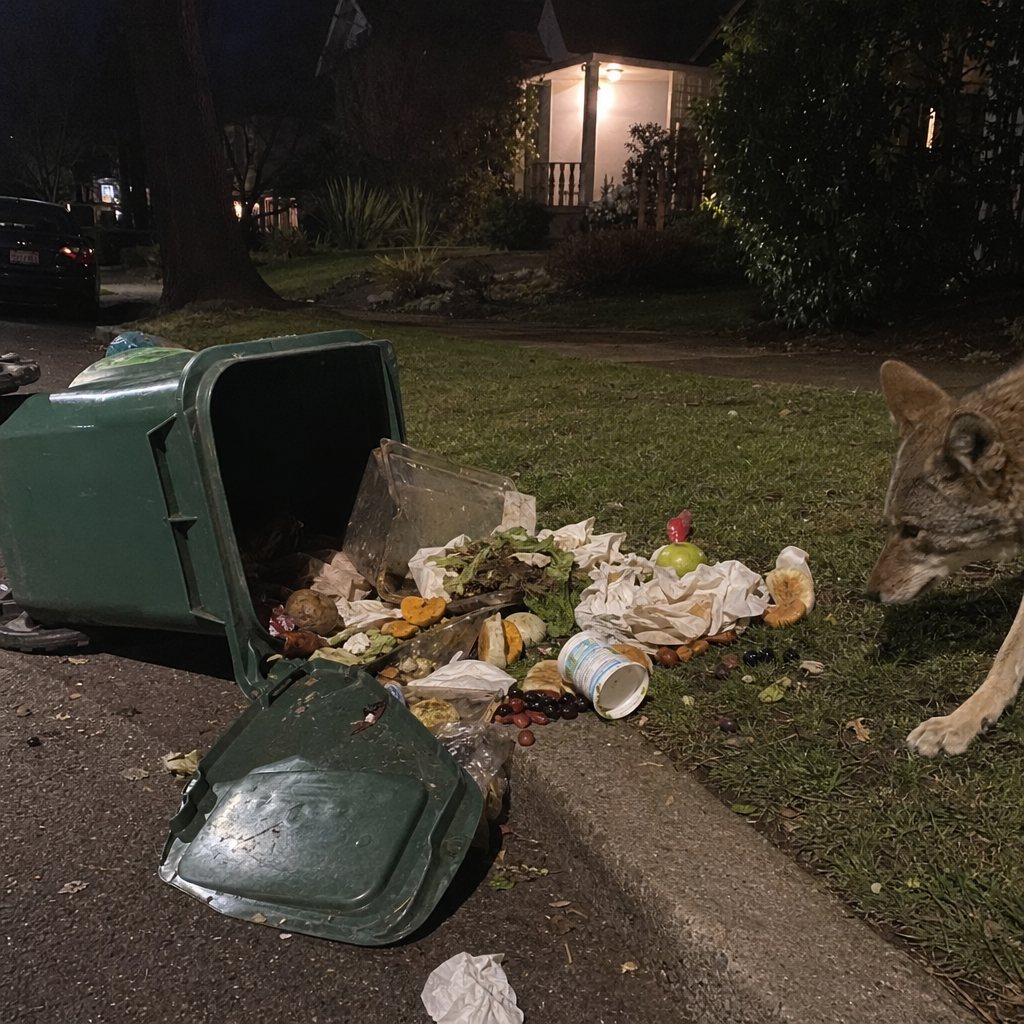 A nocturnal scene showing a coyote sniffing at a tipped-over green trash bin with food scattered on the street.