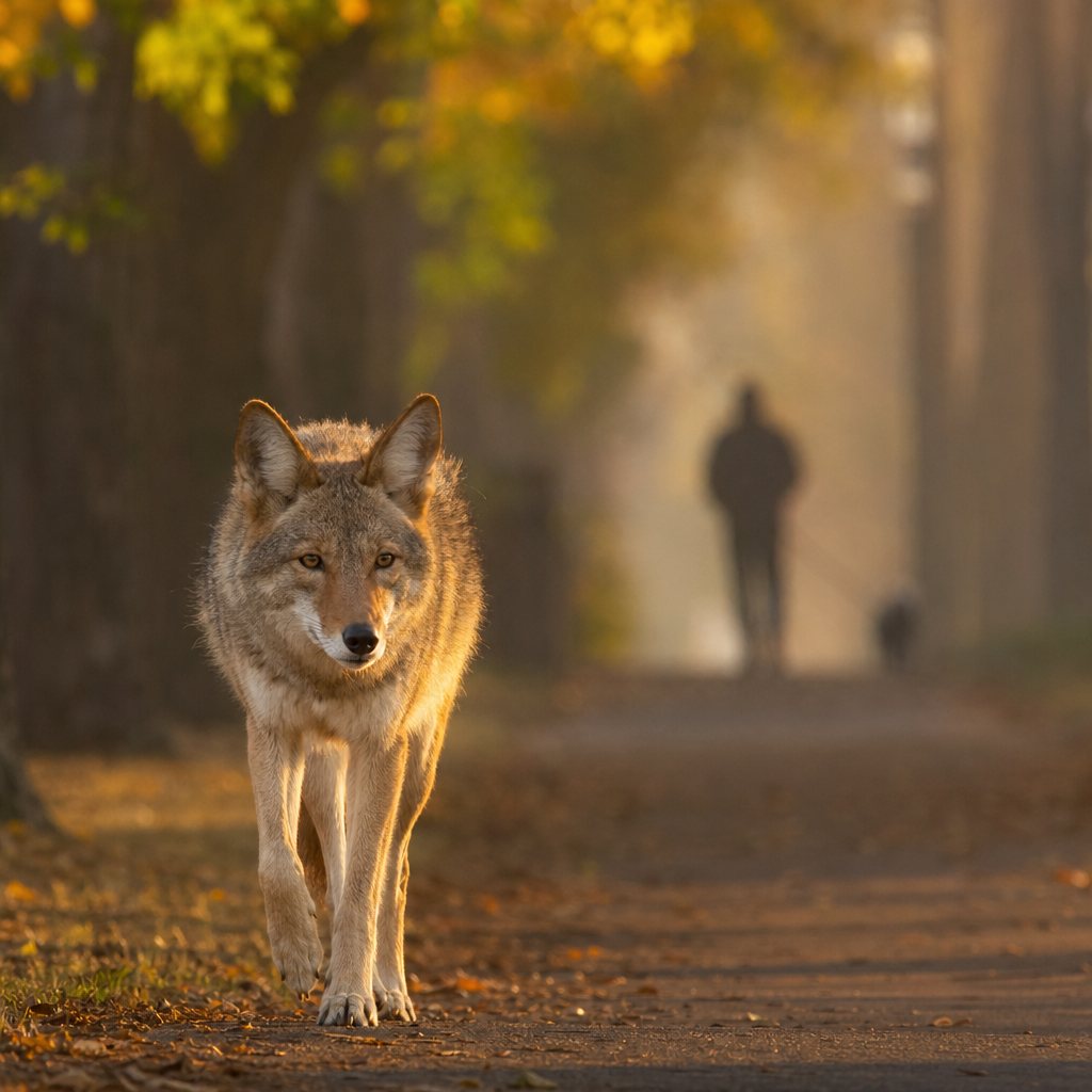 A coyote walks toward the camera on a leaf-strewn path while a blurred person and dog walk away in the distance.