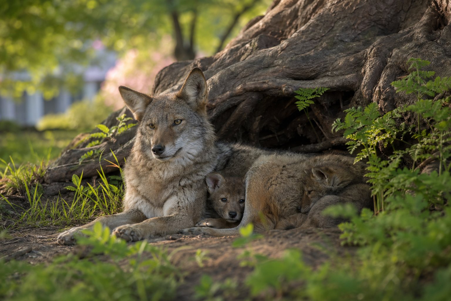 An adult coyote rests alertly while two pups sleep curled beside it under large exposed tree roots and green ferns.